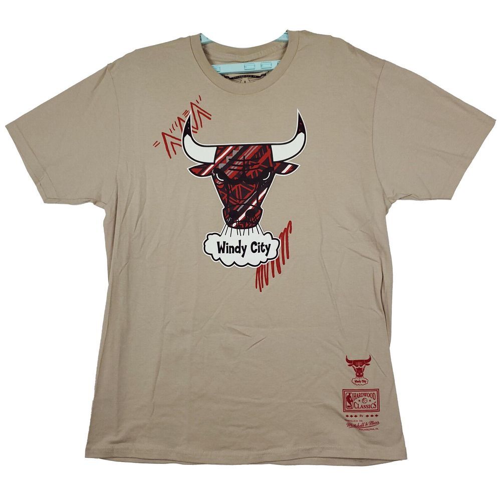 Chicago Bulls Mitchell & Ness NBA L Large Shirt Game Day Print Art Khaki NWT‎